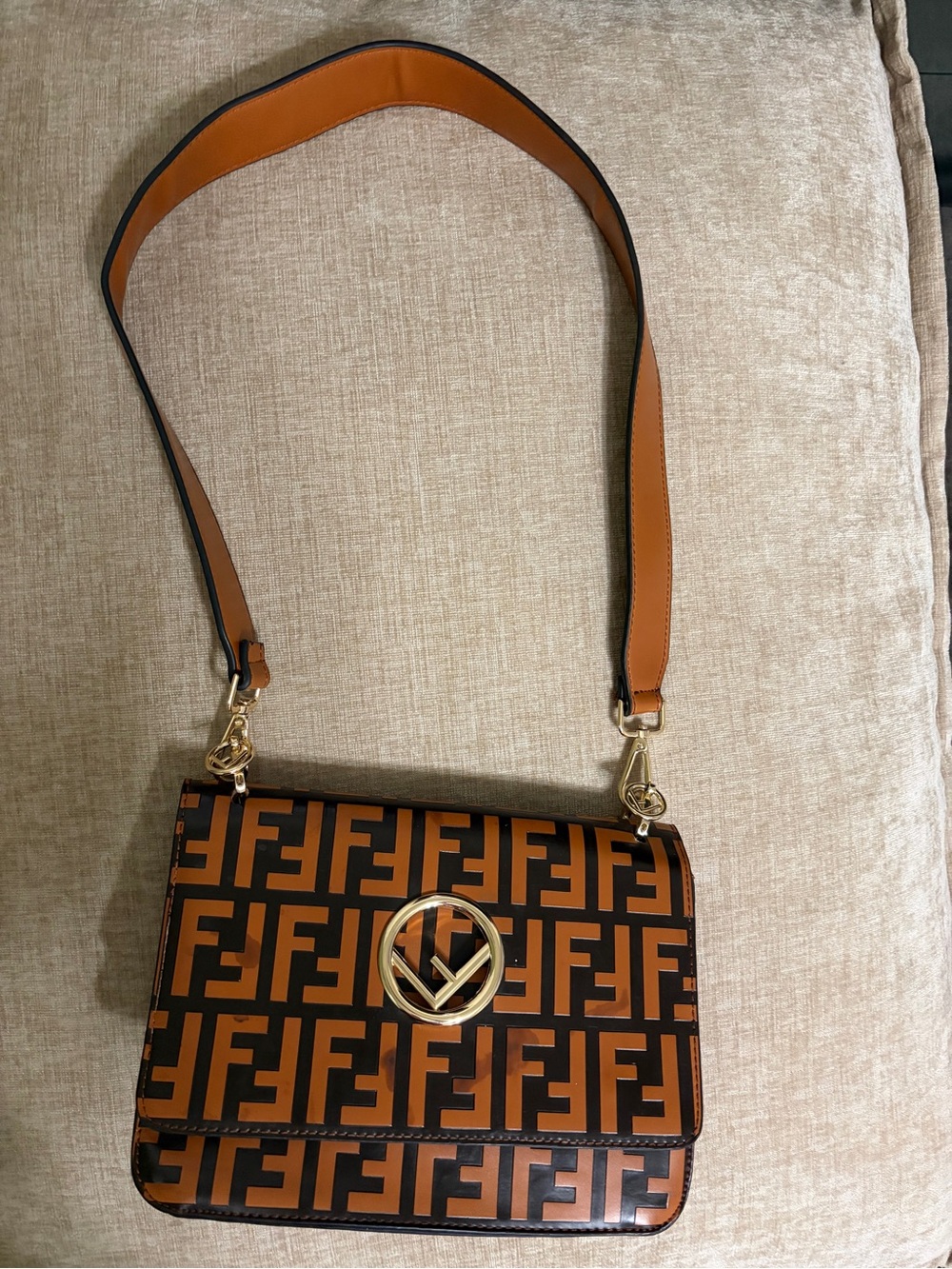 FF logo Tan and Black Logo-Print Shoulder Bag with Gold Accent